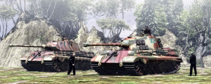 Two King Tiger tanks in a forest landscape