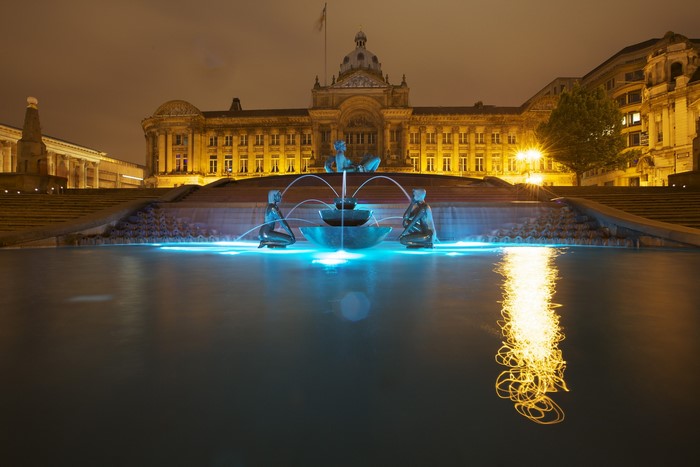 Birmingham Fountain and Town Hall at Night