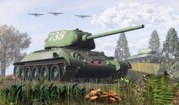 T-34-85 tanks and airplanes in a field