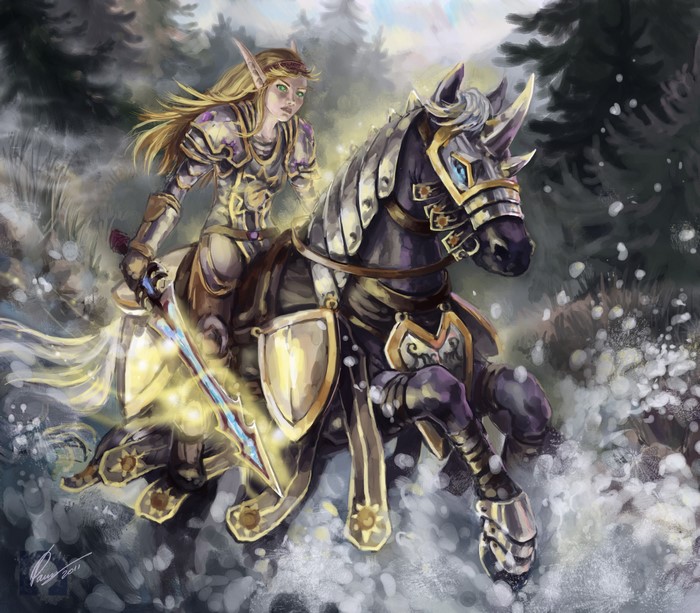 Elf warrior riding armored horse with sword