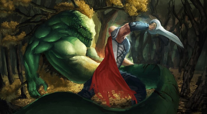 Monster and warrior fighting in forest