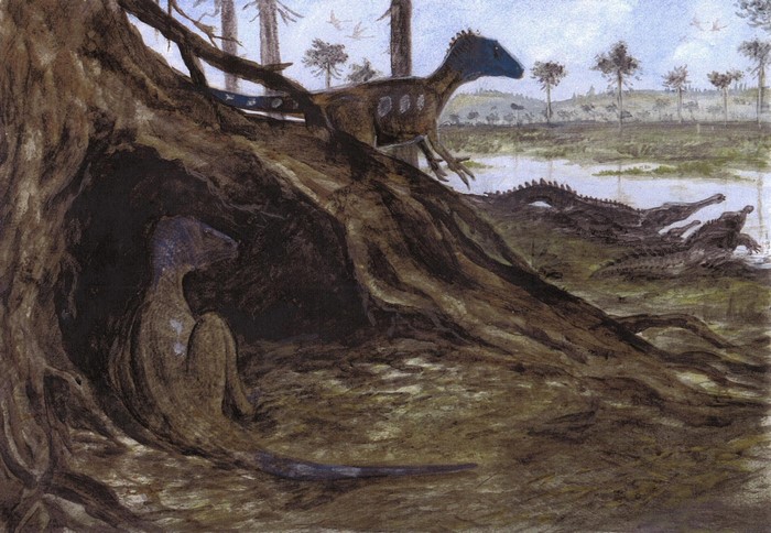 Dinosaurs and crocodiles in a prehistoric landscape