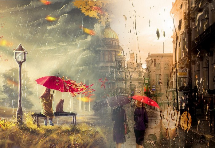 Rainy day in St. Petersburg with people and a cat