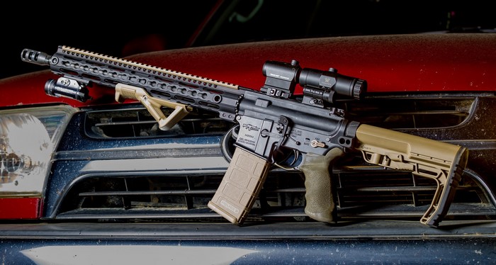 AR-15 rifle with Vortex optic and tan stock
