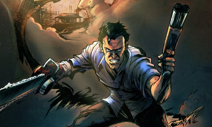 Ash Williams from Evil Dead with chainsaw and shotgun