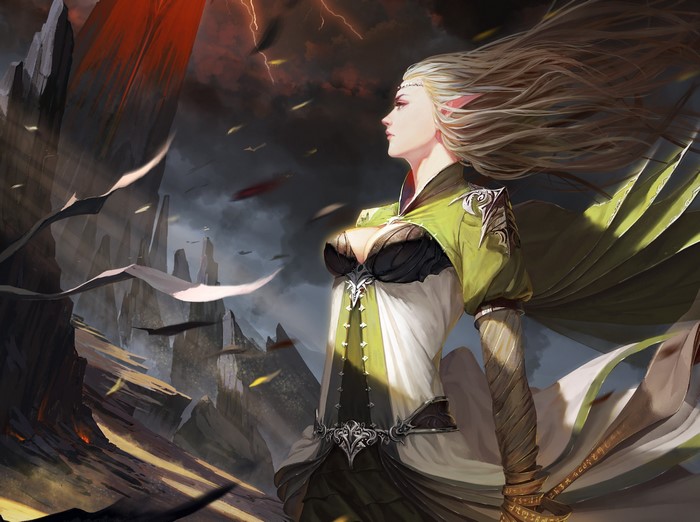Elf woman in green and white outfit with flowing hair