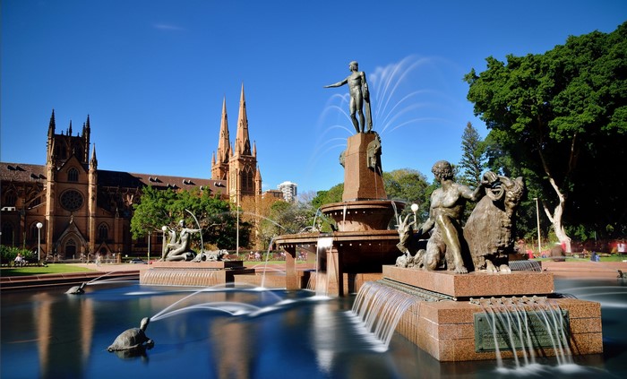 Fountain sculptures in front of St Mary's Cathedral, Sydney
