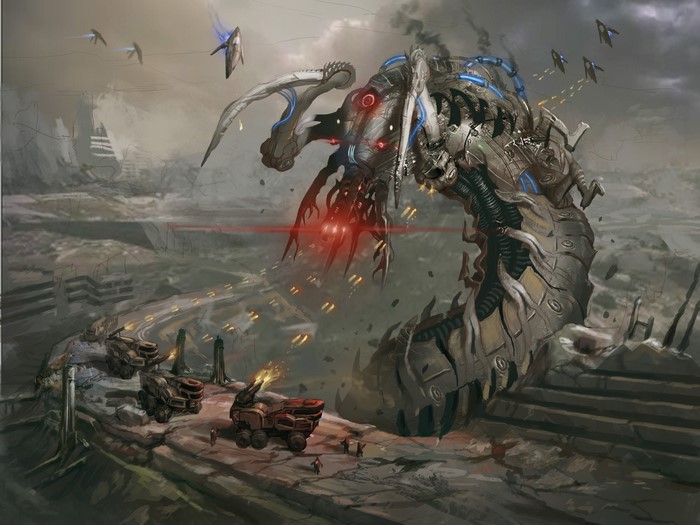 Giant mechanical monster battle with tanks and aircraft