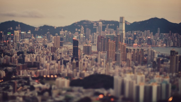 Tilt-shift cityscape of Hong Kong skyscrapers