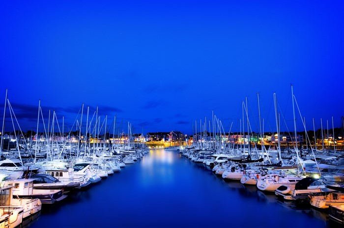 Boats docked in a marina at night