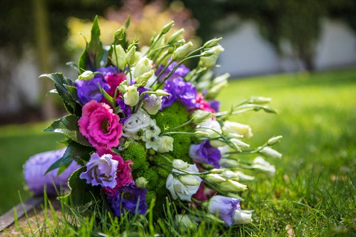 Bouquet of Eustoma flowers on grass