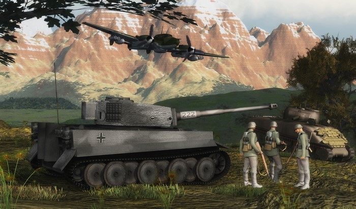 Tiger and Sherman tanks with soldiers and airplane