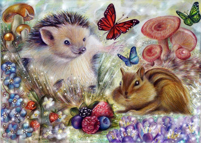 Hedgehog and Chipmunk with Butterflies and Mushrooms