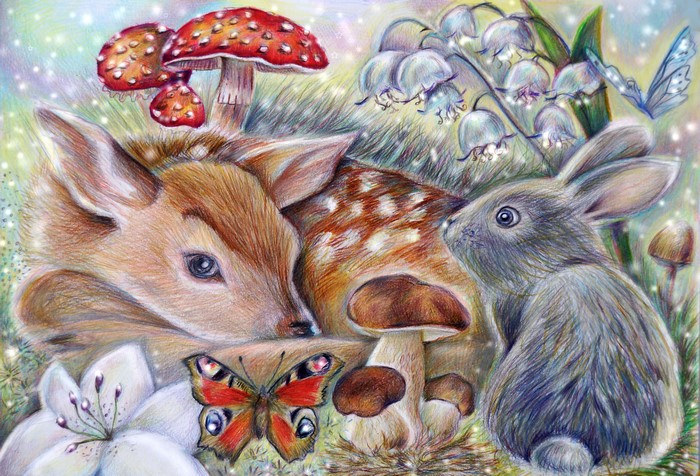A fawn and a rabbit among mushrooms and flowers