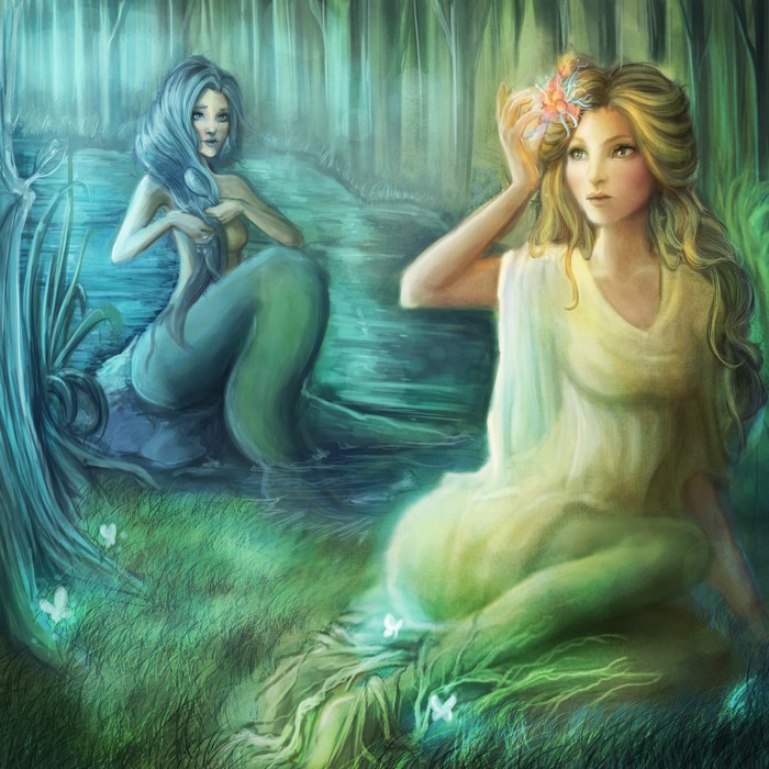 Two mermaids in a mystical forest