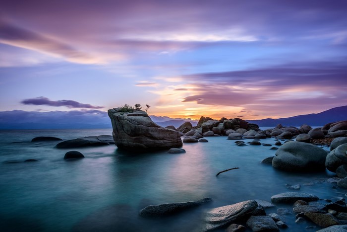 Lake Tahoe at Sunset with Rocks and Clouds