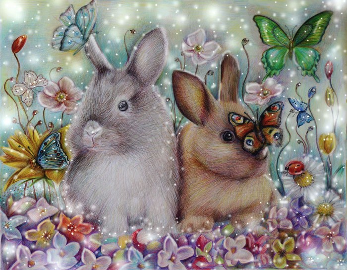 Two rabbits surrounded by flowers and butterflies