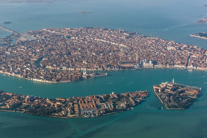 Aerial view of Venice, Italy, with islands and canals