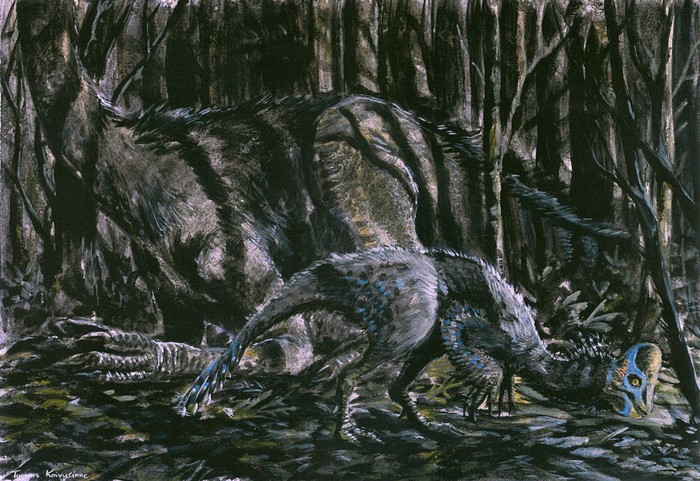 Dinosaurs in a dark forest by Tuomas Koivurinne