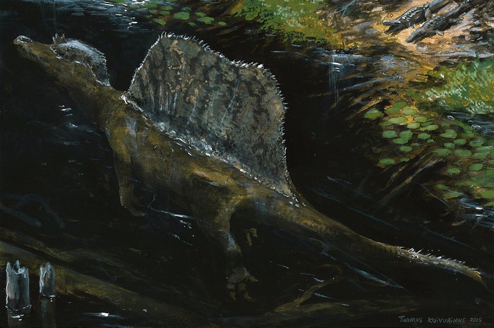 Spinosaurus swimming in a dark river