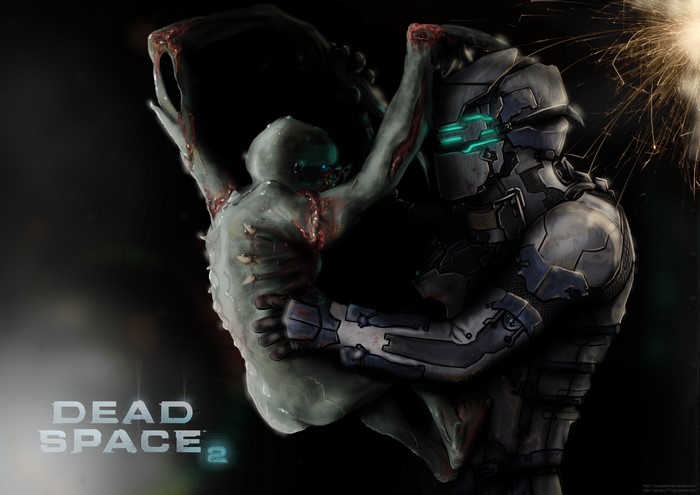 Isaac Clarke from Dead Space 2 fighting a Necromorph
