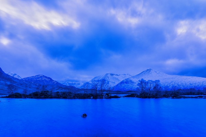 Snow-capped mountains and a lake