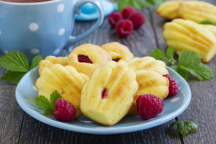 Raspberry Madeleines on a Blue Plate