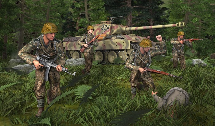 Soldiers with Panther tank in forest