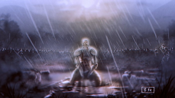 Knight kneeling in the rain with army behind