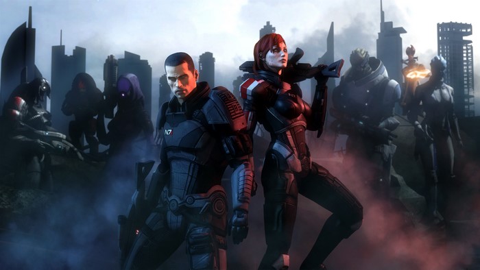 Mass Effect characters in a city setting