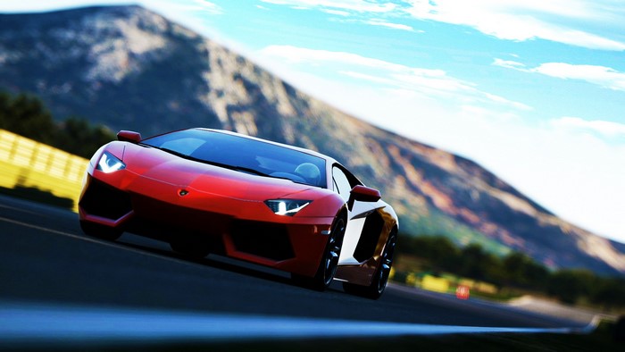 Red Lamborghini Aventador on a race track
