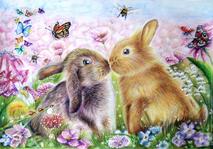 Two Hares in a Field with Butterflies and Flowers