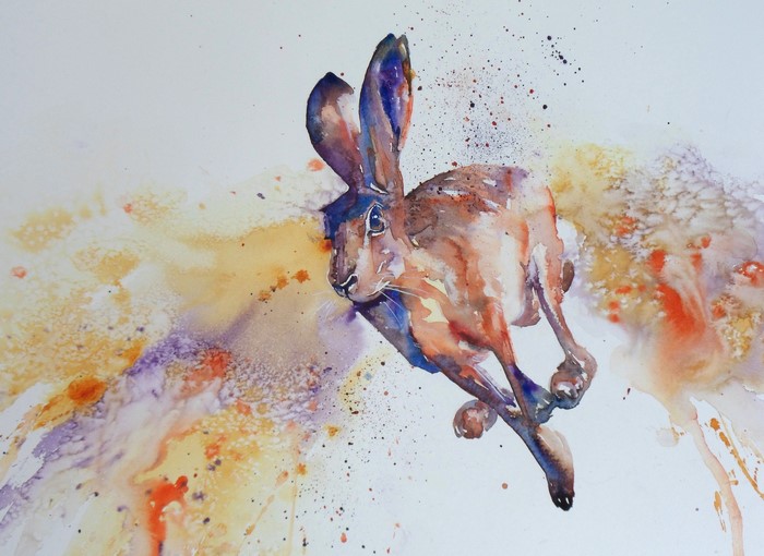Watercolor painting of a running hare
