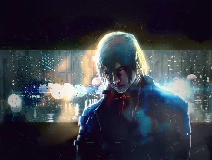 Man in a dark coat in the rain at night