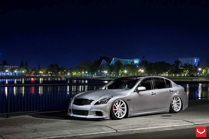 Silver Infiniti G37 with Vossen Wheels at Night