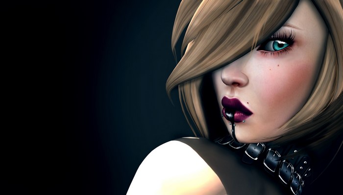 Close-up of a woman's face with dark lipstick