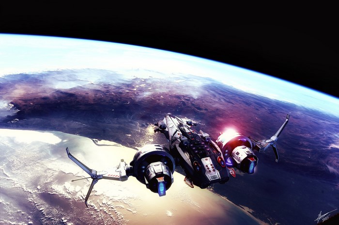 Spaceship orbiting a planet