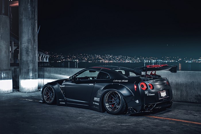 Black Nissan GT-R R35 at Night with Liberty Walk Kit