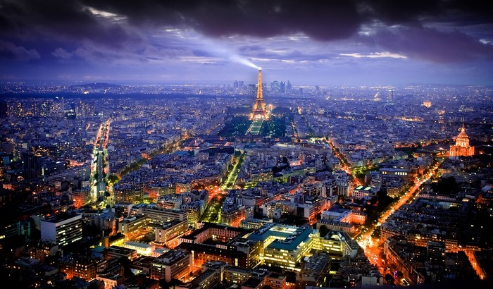 Paris at night with Eiffel Tower from above