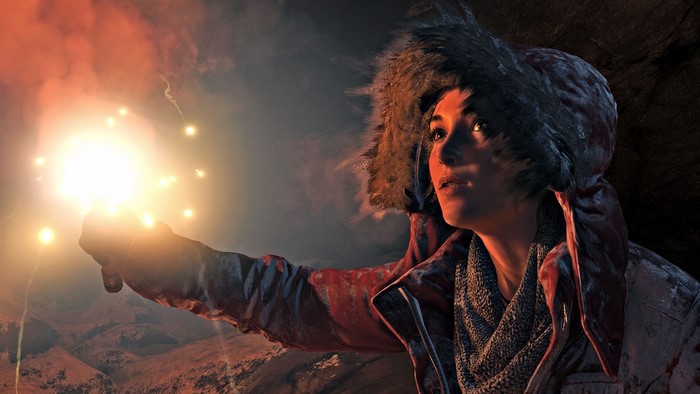 Lara Croft from Rise of the Tomb Raider holding a flare
