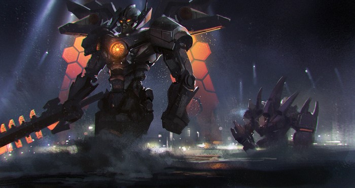 Giant Mech with glowing core and weapon in dark city