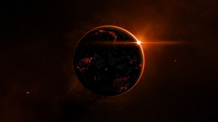 Planet with glowing surface and sun flare