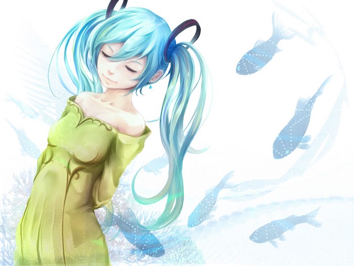 Hatsune Miku from Vocaloid with fish