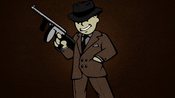 Vault Boy from Fallout holding an assault rifle