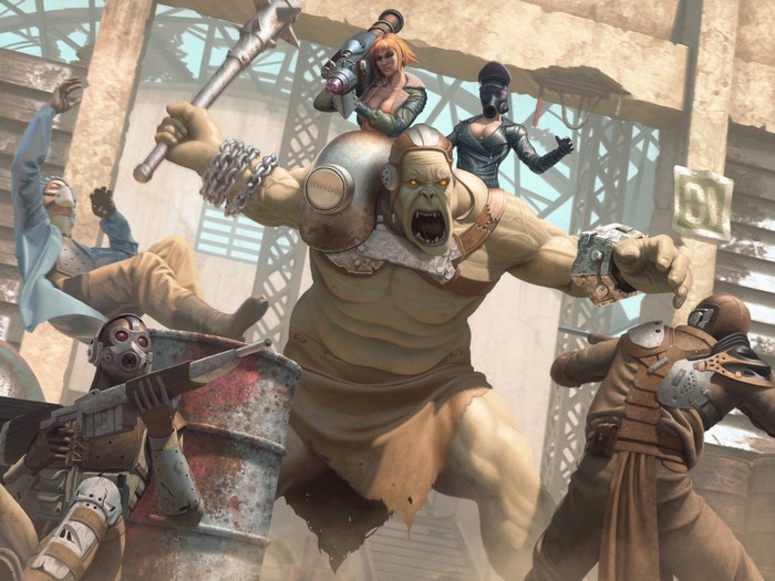 Mutant giant and companions in post-apocalyptic battle