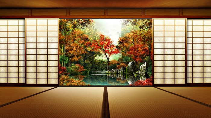 Japanese room with a view of an autumn garden