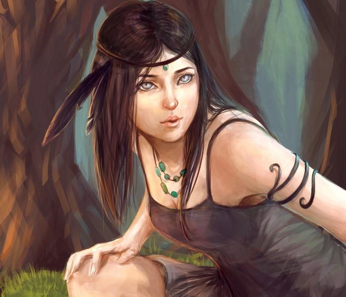 Painting of a young woman with dark hair and a feather in her headband
