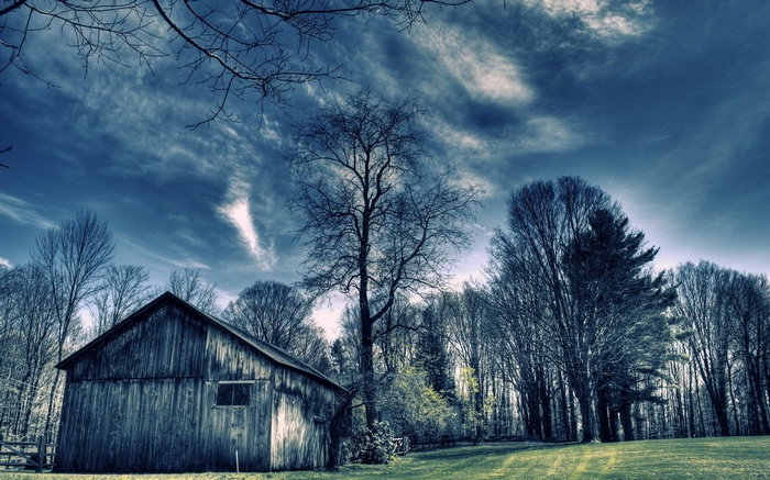 Old wooden barn and bare trees under a cloudy sky