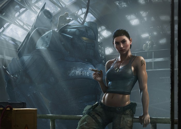Woman with cigar next to a mech