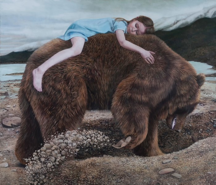 Girl sleeping on a brown bear by Christer Karlstad